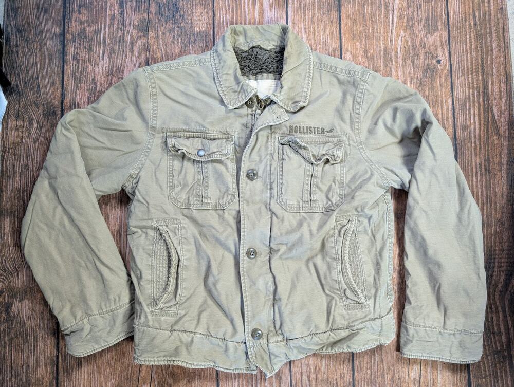 Hollister Jacket Mens Large Beige Sherpa Lined Heavy Winter Coat Utility Warm